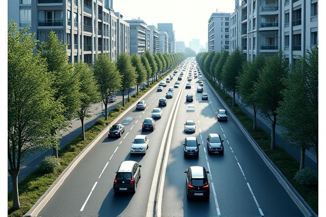Vue aérienne d'une ville moderne avec des initiatives de transport vert et de stationnement intelligent