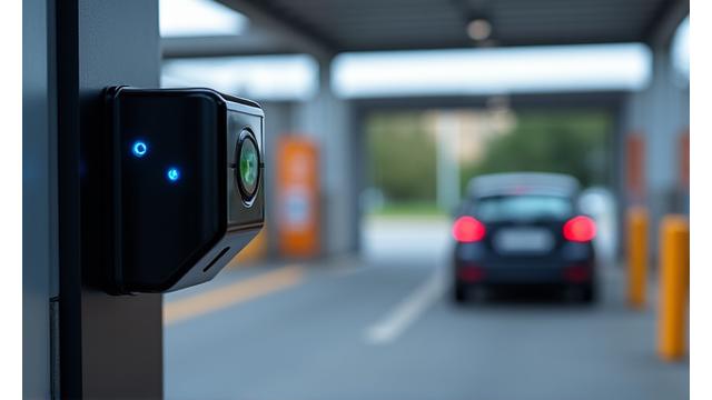 Caméras ANPR (LAPI) identifiant automatiquement les plaques d'immatriculation à l'entrée d'un parking.